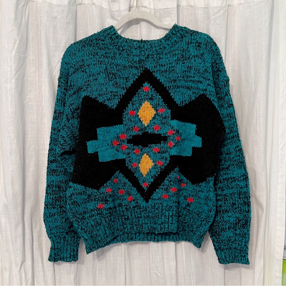 Allison Smith Women’s Large L Teal Blue Geometric Vintage Pullover Sweater